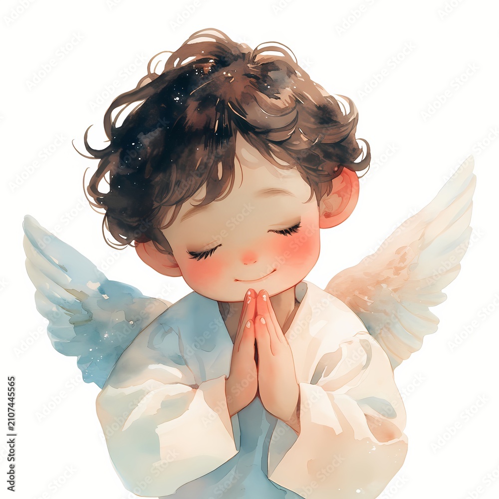 Fototapeta premium Watercolor portrait of little boy angel praying with closed eyes. Cute child with wings for religious celebration and Christmas card. Artistic illustration of spiritual serenity.