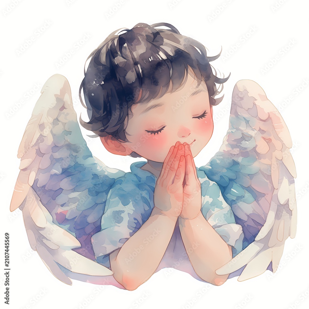 Fototapeta premium Watercolor portrait of a cute child angel with wings praying. Artistic illustration of a little boy with eyes closed in peaceful prayer. Religious character for Christmas design.