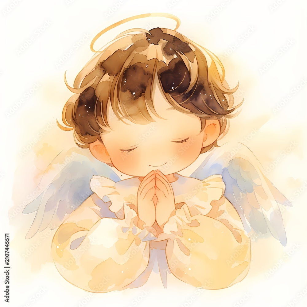 Fototapeta premium Watercolor painting of a sweet child angel praying with closed eyes. Cute heavenly character with wings and halo on white background. Religious illustration for spiritual greeting card.