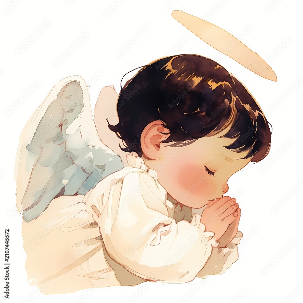 Fototapeta premium Cute baby boy as little angel with halo and wings praying. Religious watercolor illustration of innocent child for baptism, Christmas, birth announcement or spiritual greeting card.