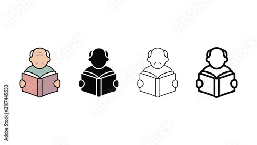 Collection of four diverse icon styles depicting an elder person reading a book