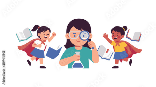 Cartoon Teacher and Super Hero Students Learning Science