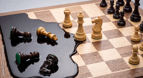 Melted Black Chess Pieces in a Puddle Beside Standing White Pieces