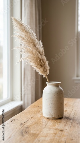 Dried pampas grass in a small ceramic vase on a wooden table