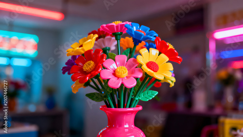 A cheap plastic flower in a garish vase, tacky aesthetic with bright colors.
