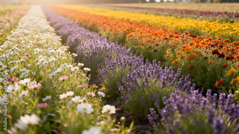 Obraz premium Patches of different colored flowers on a field with clear boundaries.