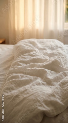 Soft sunlight illuminates a rumpled, comforting bed.