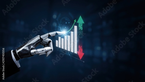 Robot hand touching a digital financial growth chart with percentage arrows