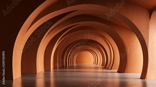A repeating series of terracotta arches forming an infinite tunnel. This minimalist architectural concept symbolizes.