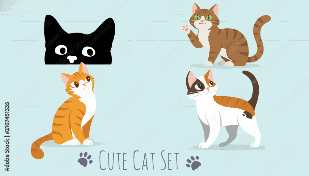 Fototapeta premium Cats in various poses are displayed in this collection of charming character illustrations set against a light blue background.