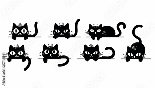 Obraz na plátně Black cats appear in multiple playful poses while resting their front paws on a flat ledge