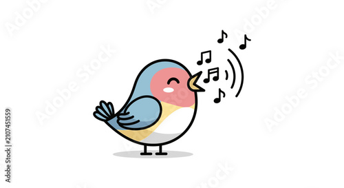 Cute Cartoon Bird Singing Music Notes Isolated White Background