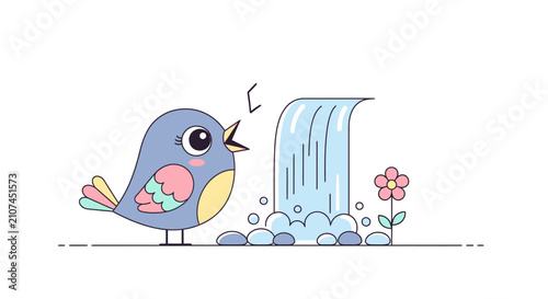 Cute cartoon bird singing next to a waterfall and flower