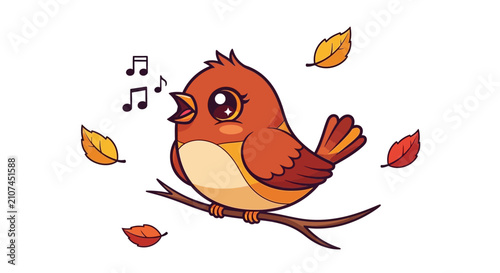 Cute cartoon bird singing on a branch with falling autumn leaves