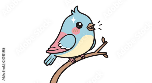 Cute cartoon bird singing on a branch, kawaii style illustration.