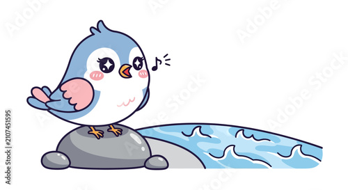 Cute cartoon bird singing on a rock next to water