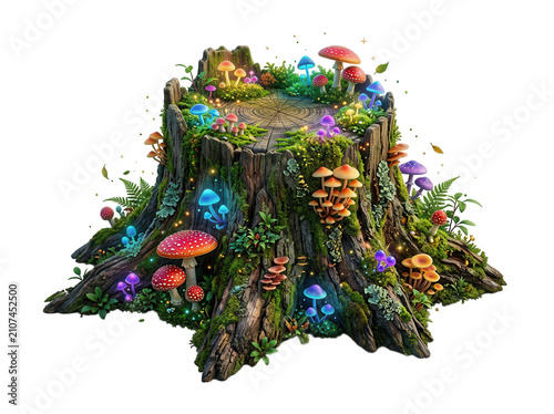 Enchanted wooden tree stump in a dark forest covered with glowing colorful mushrooms and magical sparkling fairy white background isolated on a transparent background