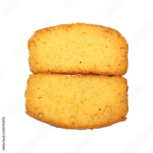 Obraz na płótnie Two golden rusks stacked for breakfast with studio lighting for a commercial foo