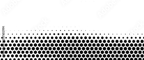 Hexagon halftone gradient texture. Abstract black grunge background. Geometric retro halftone tech overlay. Fading wavy hexagonal pattern backdrop. Vector vanishing honeycomb grunge bitmap wallpaper