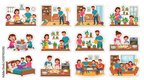 Happy family engaged in various domestic activities together, illustrating togetherness and shared responsibilities.