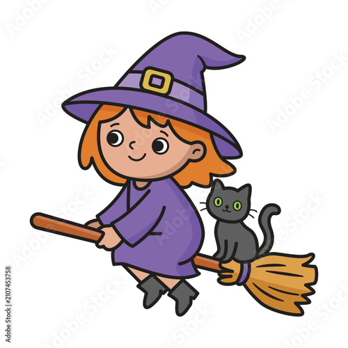 Принти на полотні Cute halloween element with a witch and black cat flying on a broomstick