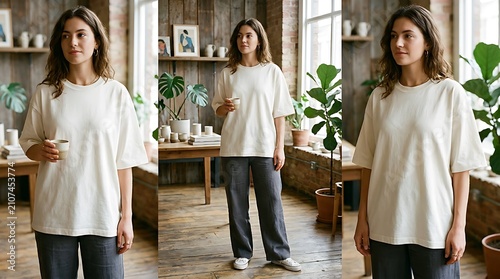 Three women in white shirts posing together indoors.