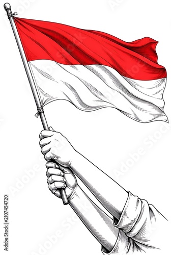 Indonesian Flag Waving Proudly Held by Two Hands on White Background.