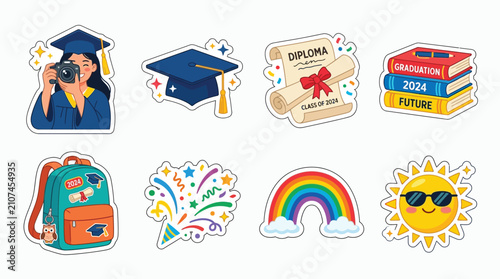 Collection of graduation-themed stickers including a student with a camera, cap, diploma, books, backpack, fireworks, rainbow, and sun.