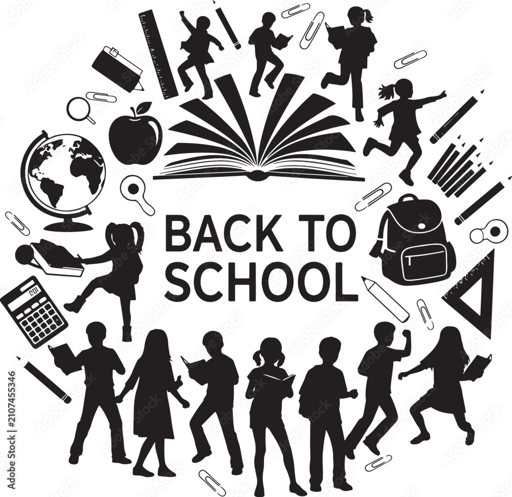 Naklejka premium Back to school decorative frame with students and education icons
