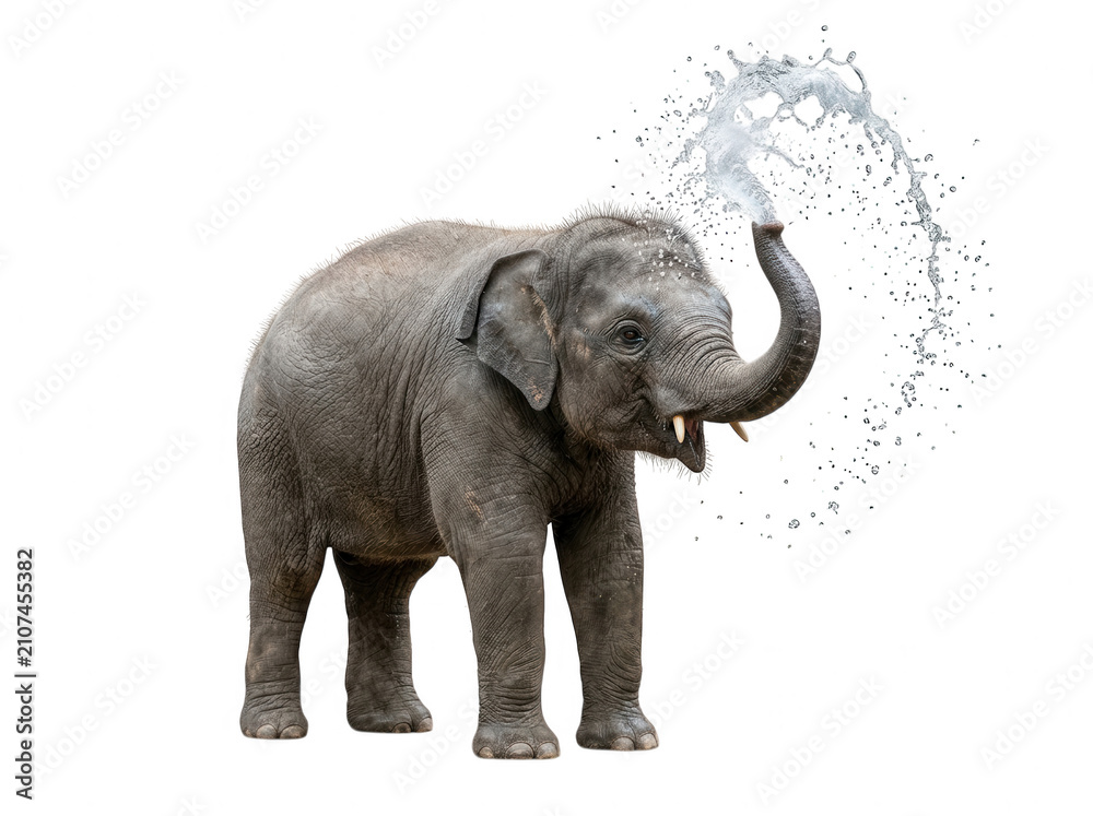 Obraz premium Young grey elephant calf spraying water from its trunk creating a splash white background, isolated on a, solid black background isolated on a transparent background