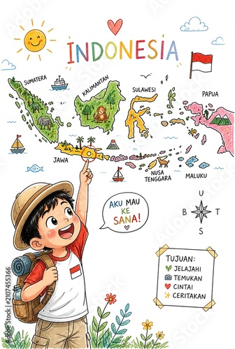 Happy Boy Exploring Indonesia Map with Backpack and Sun Illustration.