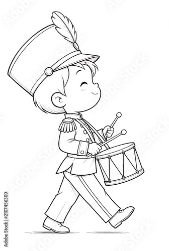 Cute Cartoon Boy Drummer in Marching Band Uniform Playing Drum.