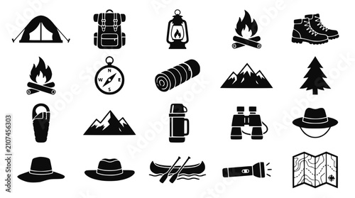 Camping and outdoor adventure silhouette icon set