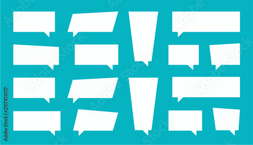 Set of angular white speech and callout banner shapes on a teal background, suited for labels, tags, and comment design.