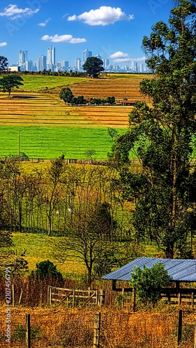 Distant skyline of Umuarama city seen from rural countryside in Paraná state, Brazil