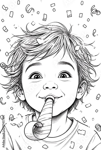Happy child blowing party horn surrounded by confetti, line art illustration.
