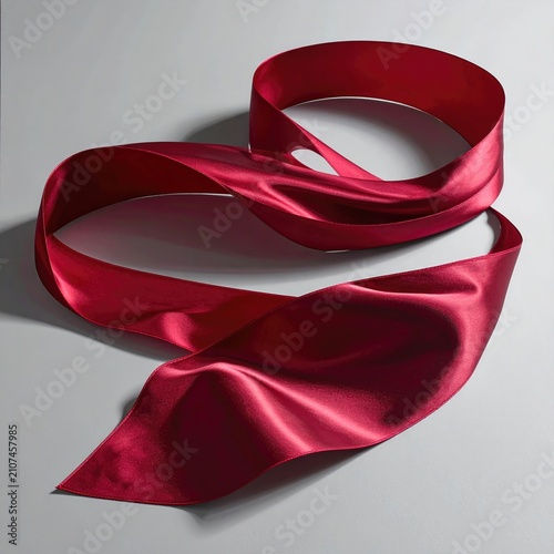 A lustrous crimson satin sash twists elegantly on a soft gray background