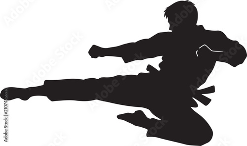 Martial artist performing a dynamic flying kick karate martial arts silhouette vector