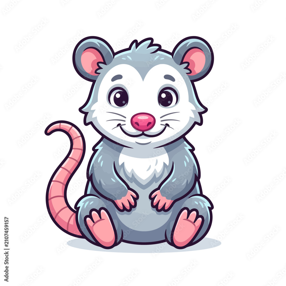 Fototapeta premium Cute cartoon opossum with big eyes and a happy smile sitting on a white background, adorable animal illustration