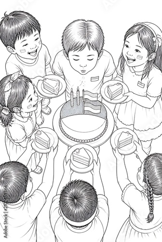 Children celebrating a birthday with a cake and candles, blowing out the flames.
