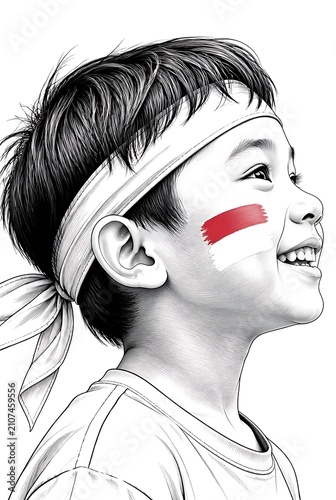 Young boy with red stripe on his cheek and headband smiling.