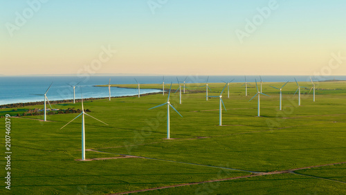 Wattle Point Wind Farm, Edithburgh, Yorke Peninsula, South Australia – 4K aerial drone view of wind turbines, renewable energy, farmland and Spencer Gulf coastline during golden hour and sunset