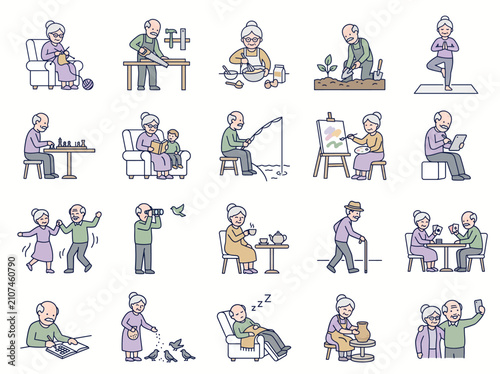 Diverse collection of senior citizens engaging in various healthy activities, hobbies, and daily lifestyle routines for active aging