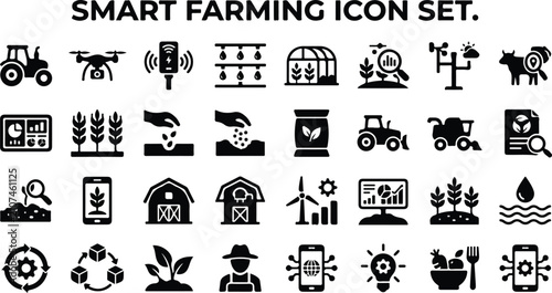 Smart farming and modern agriculture technology black icon set