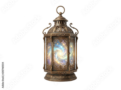 Antique bronze lantern with glowing nebula galaxy inside isolated on black background, for mystical fantasy, white background isolated on a transparent background
