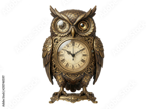 Antique steampunk owl clock with intricate mechanical gears and roman numerals isolated on a solid black white background isolated on a transparent background