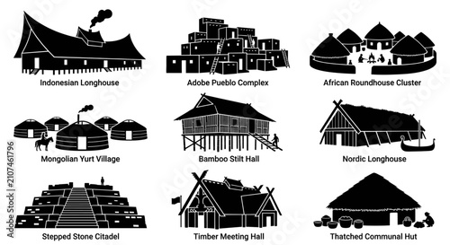 Traditional ethnic dwellings and historic housing icons.
