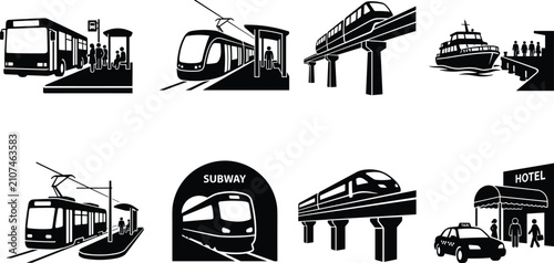 Konstfotografi Public transportation and urban transit black silhouette icons set featuring bus
