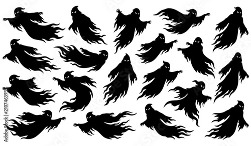 Foto A spooky collection of Halloween ghost silhouettes featuring scary flying ghosts and terrifying spirits, grim reaper vector illustrations, isolated on a white background