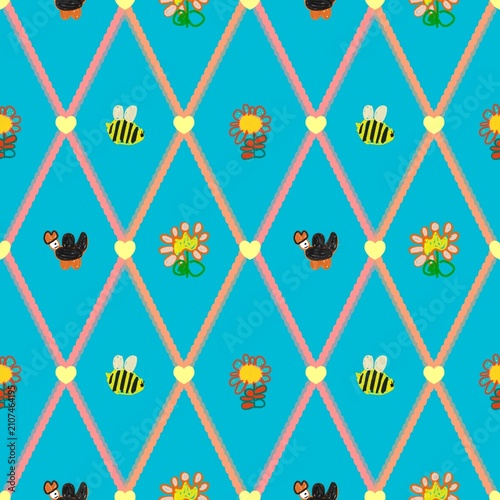 Colorful Child Drawn Bee and Flower Diamond Pattern for Kids